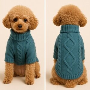 Cable‎ Knit Dog Sweater Turtleneck Teal Blue Toy Dog Puppy Furbaby Fall Fashion